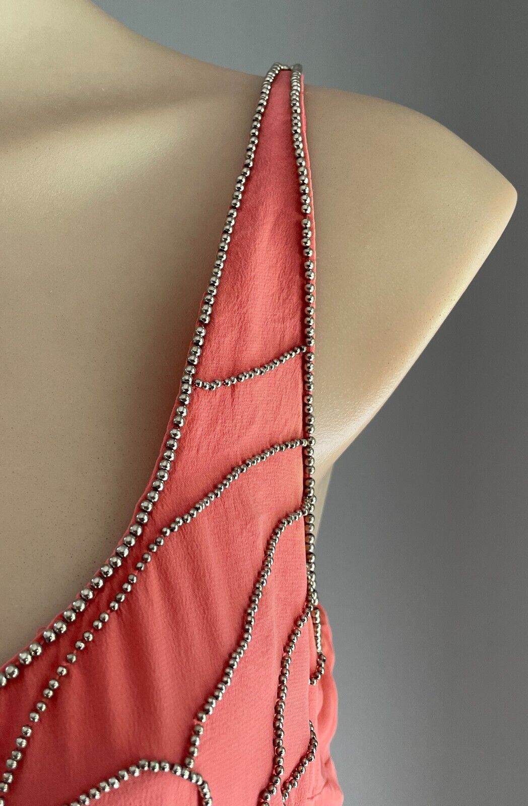 SEDUCE Mini Dress Coral Red & Silver Tone Bead Trim Sleeveless Silk Shift Sz 14