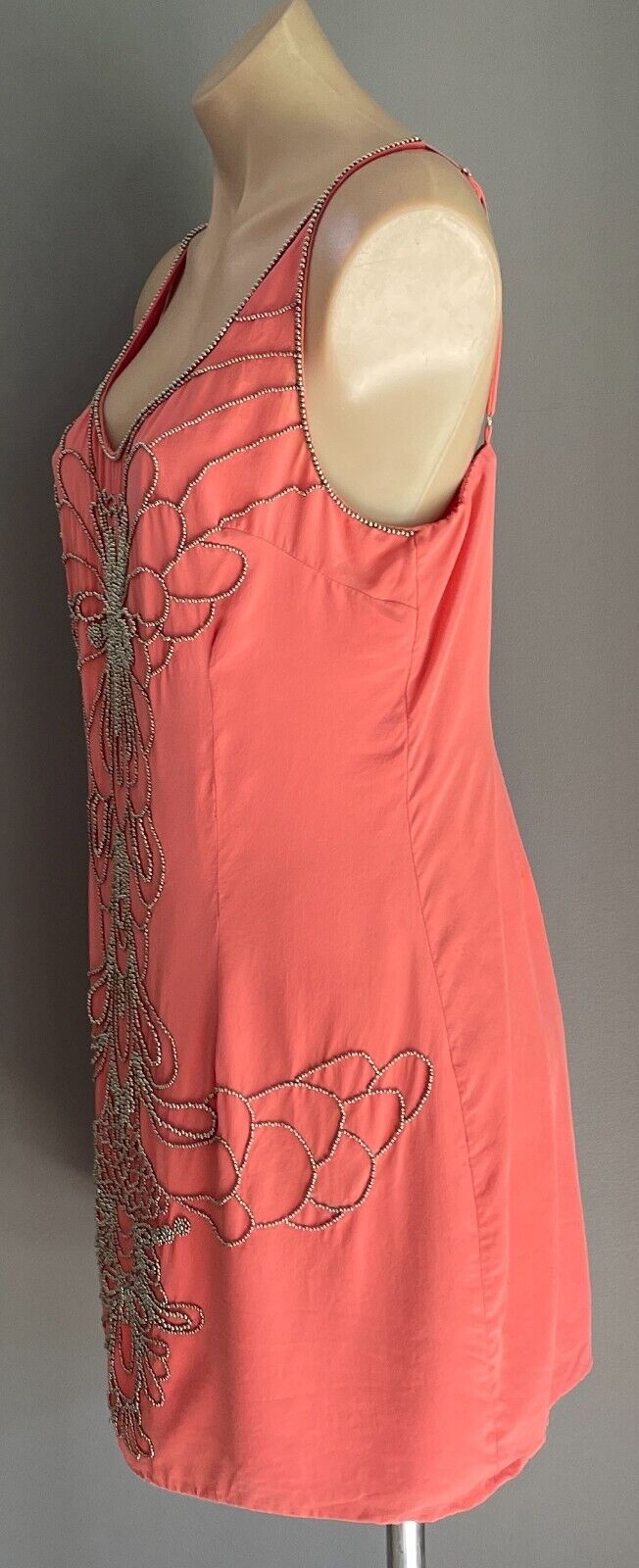 SEDUCE Mini Dress Coral Red & Silver Tone Bead Trim Sleeveless Silk Shift Sz 14