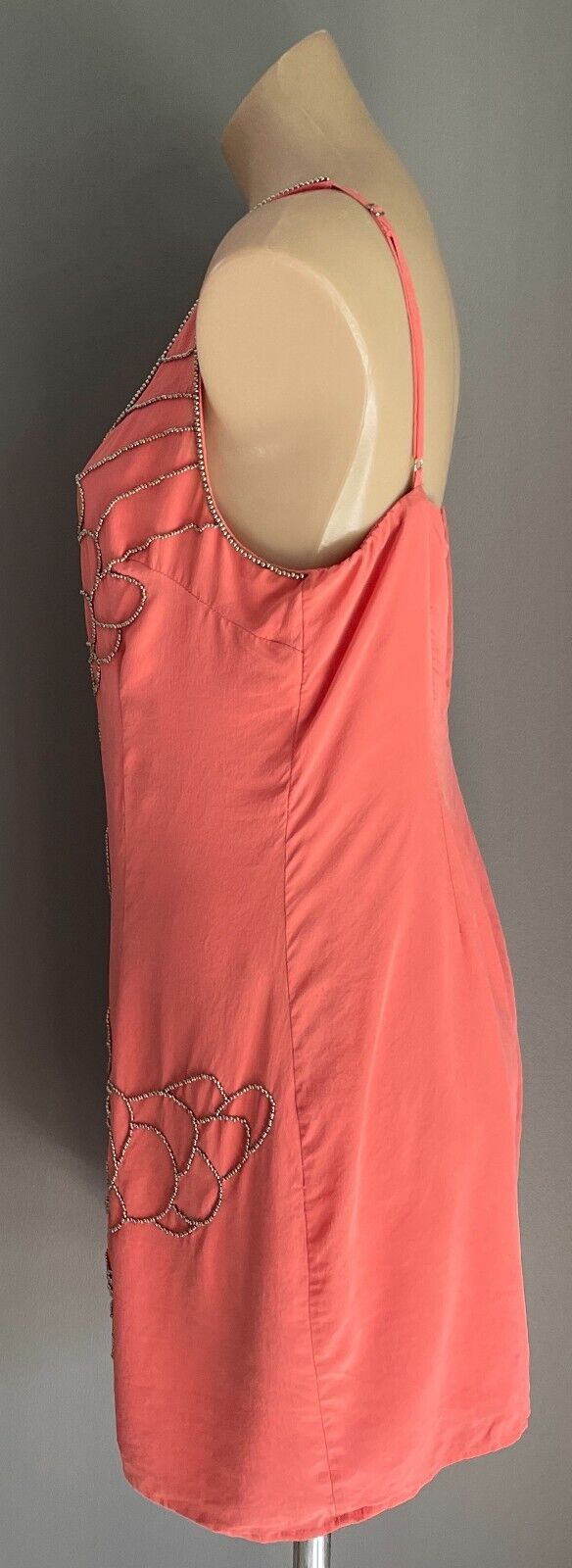 SEDUCE Mini Dress Coral Red & Silver Tone Bead Trim Sleeveless Silk Shift Sz 14