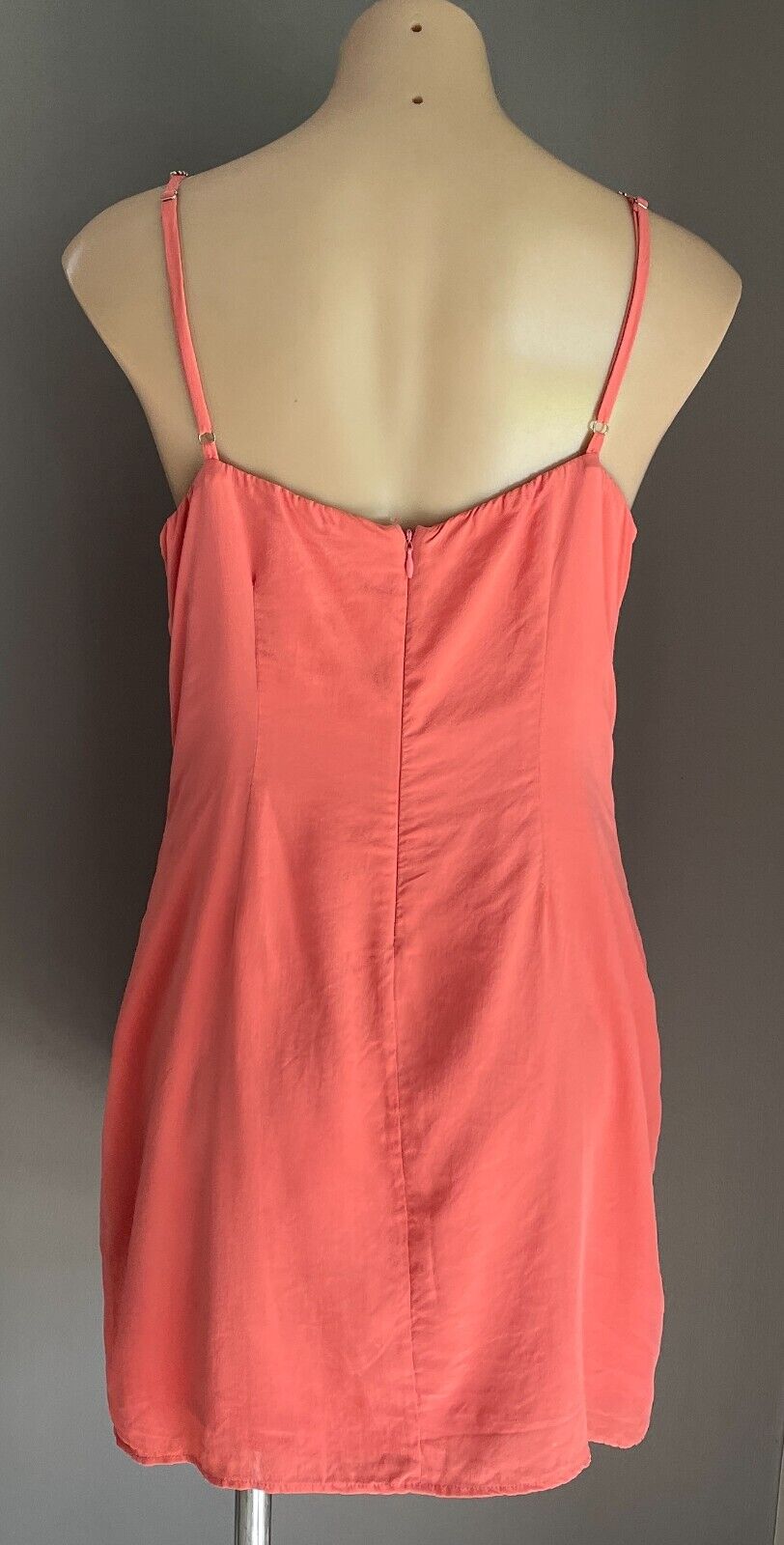SEDUCE Mini Dress Coral Red & Silver Tone Bead Trim Sleeveless Silk Shift Sz 14