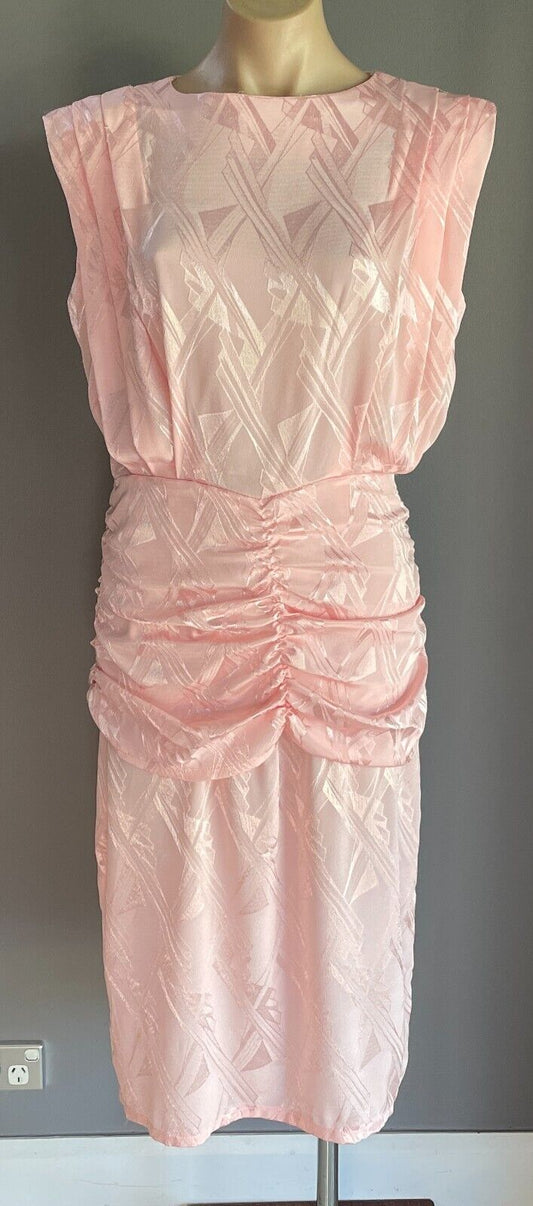 LOVE LOVE Coral Pink Jacquard Sleeveless Ruched Waist Midi Dress Sz 14 1980's
