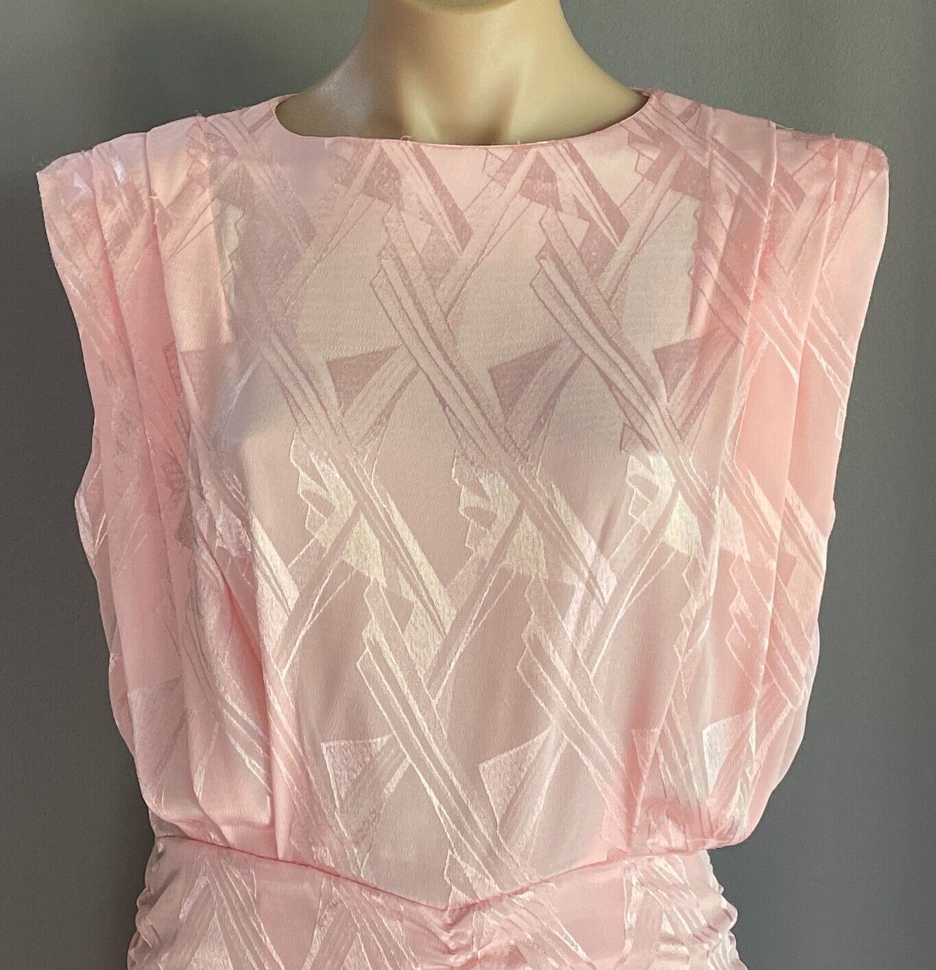 LOVE LOVE Coral Pink Jacquard Sleeveless Ruched Waist Midi Dress Sz 14 1980's