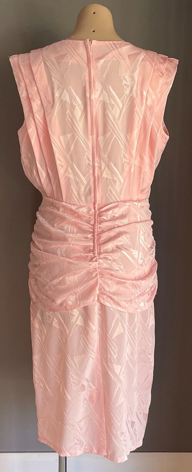 LOVE LOVE Coral Pink Jacquard Sleeveless Ruched Waist Midi Dress Sz 14 1980's