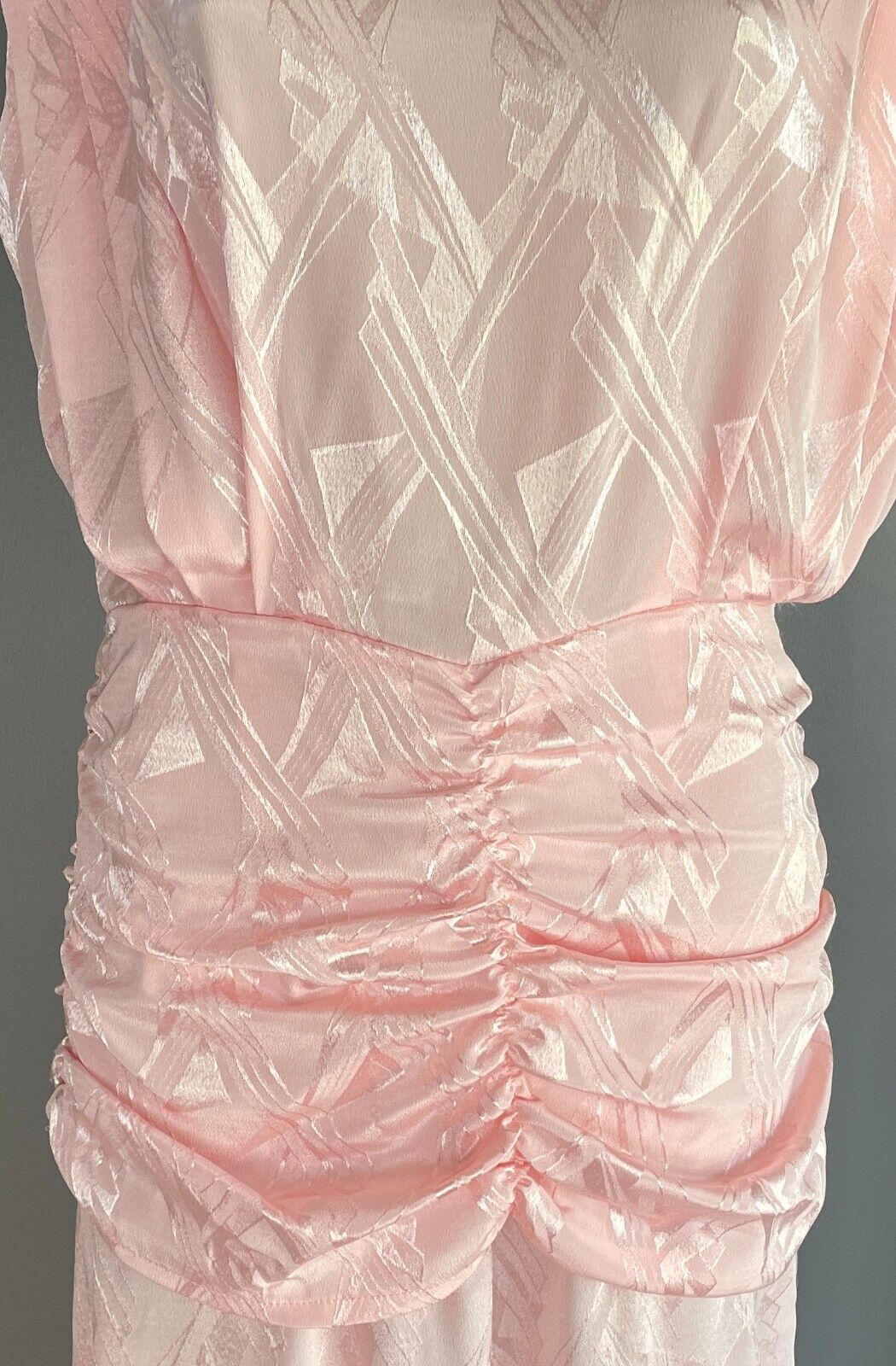 LOVE LOVE Coral Pink Jacquard Sleeveless Ruched Waist Midi Dress Sz 14 1980's