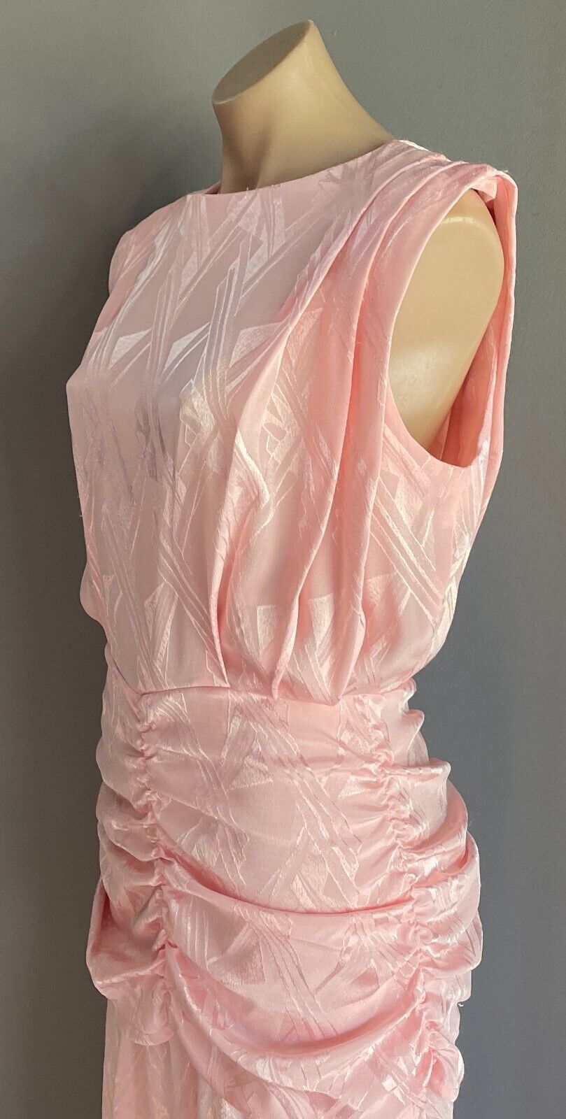 LOVE LOVE Coral Pink Jacquard Sleeveless Ruched Waist Midi Dress Sz 14 1980's