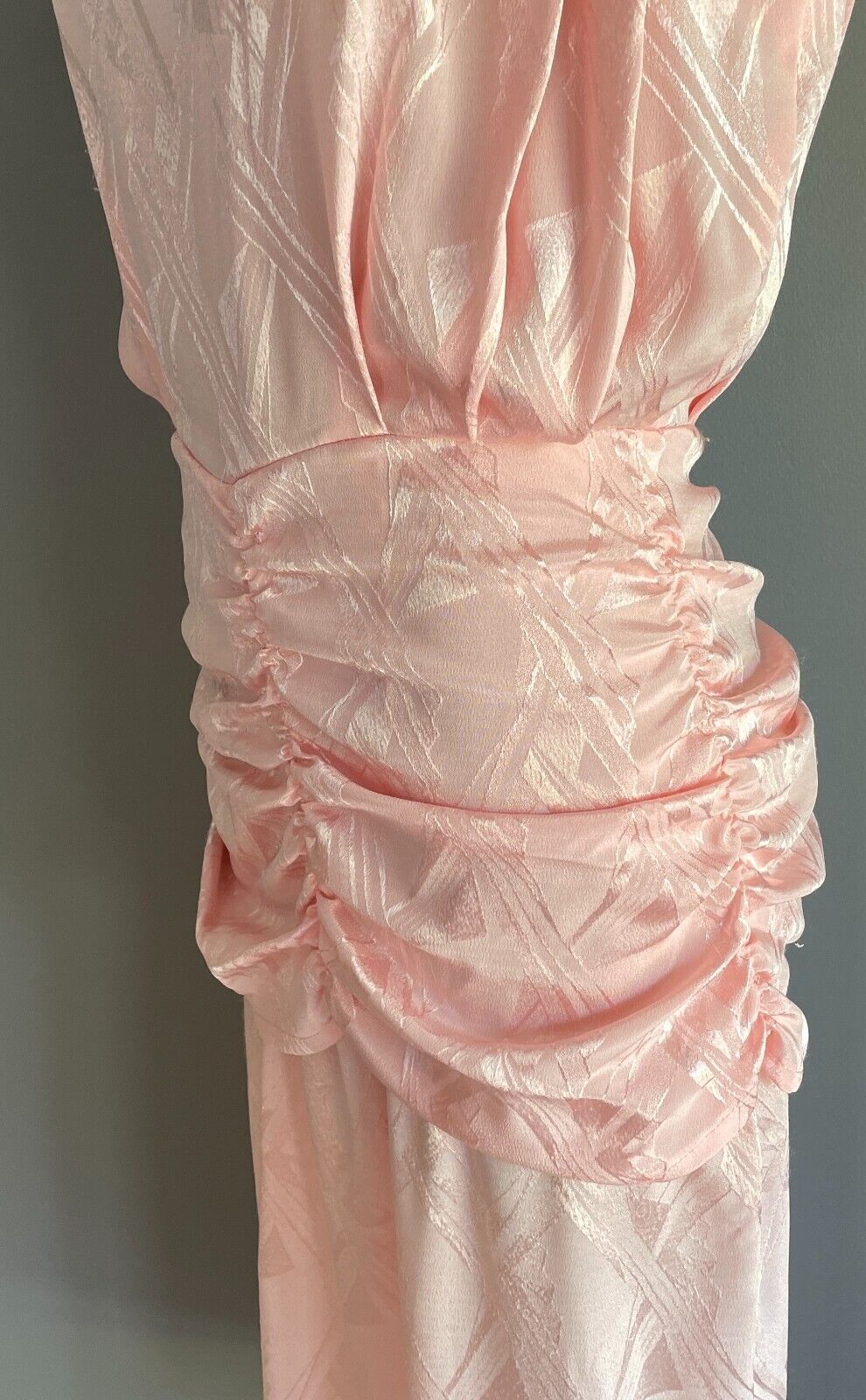 LOVE LOVE Coral Pink Jacquard Sleeveless Ruched Waist Midi Dress Sz 14 1980's