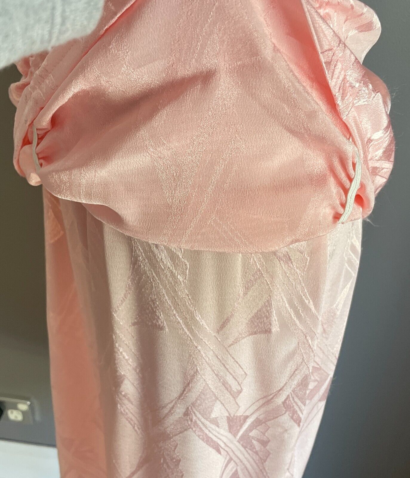 LOVE LOVE Coral Pink Jacquard Sleeveless Ruched Waist Midi Dress Sz 14 1980's