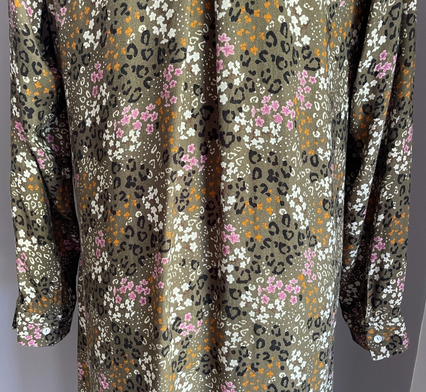 CAROLINA Hi-Lo Hem Dress Khaki Multicoloured Leopard Floral Size L Long Sleeve