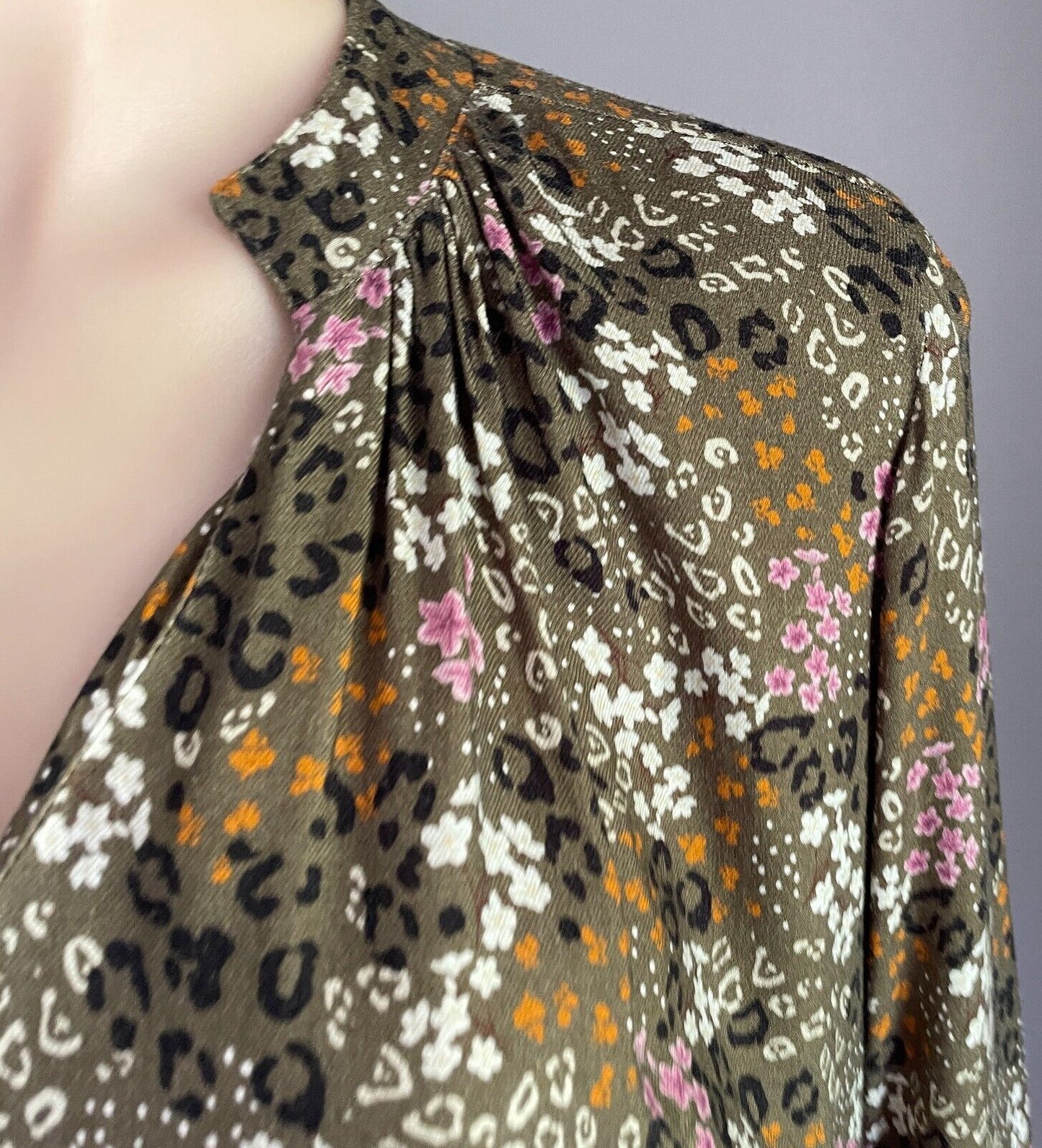 CAROLINA Hi-Lo Hem Dress Khaki Multicoloured Leopard Floral Size L Long Sleeve
