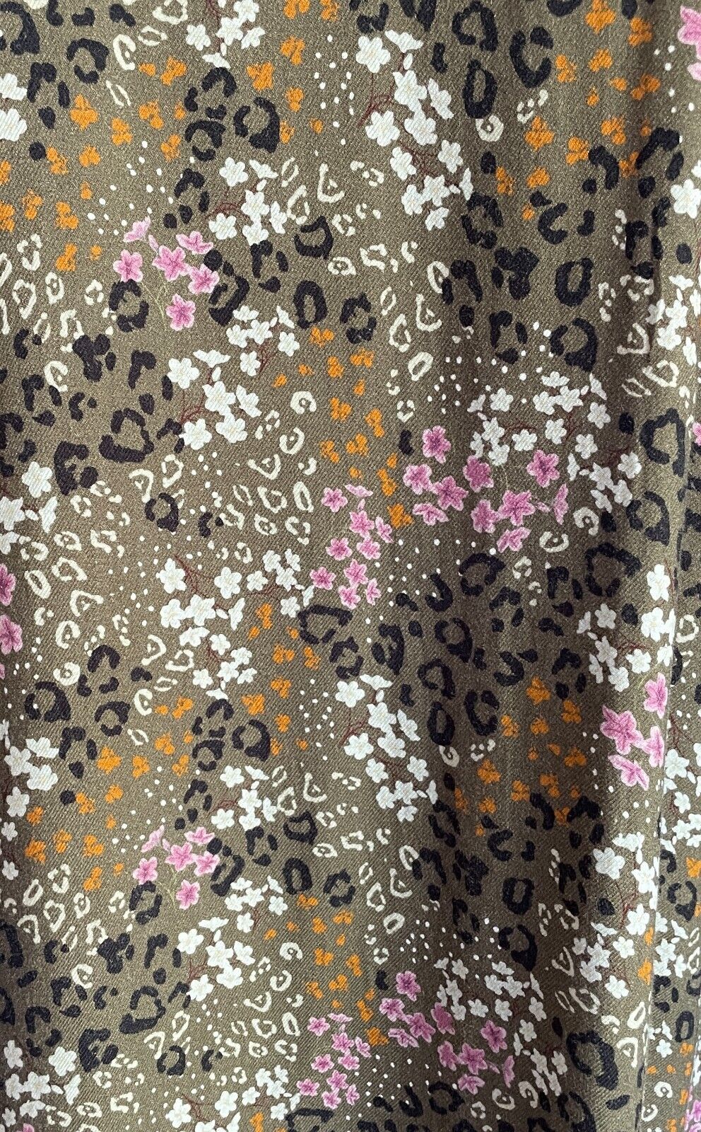 CAROLINA Hi-Lo Hem Dress Khaki Multicoloured Leopard Floral Size L Long Sleeve