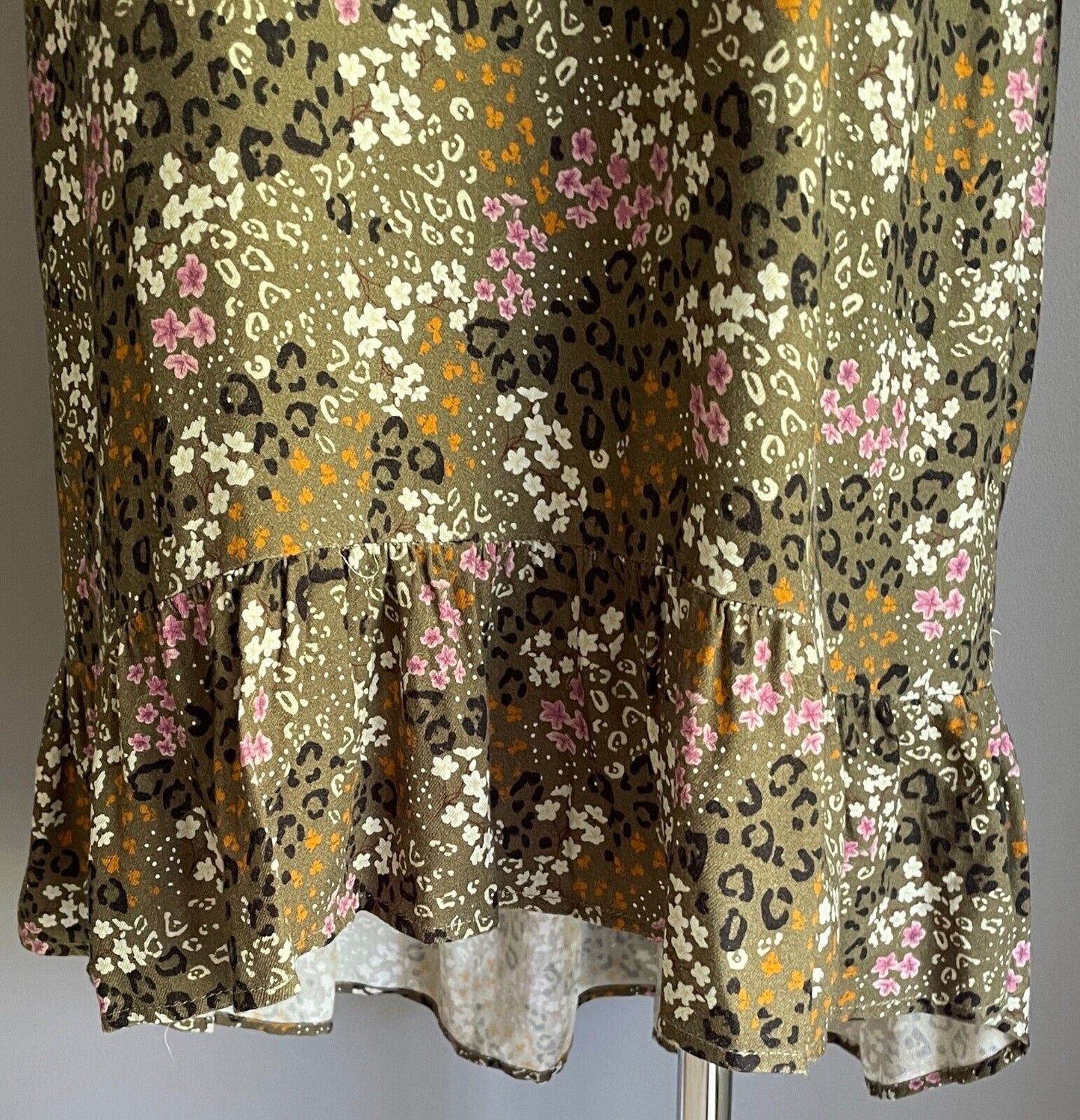 CAROLINA Hi-Lo Hem Dress Khaki Multicoloured Leopard Floral Size L Long Sleeve