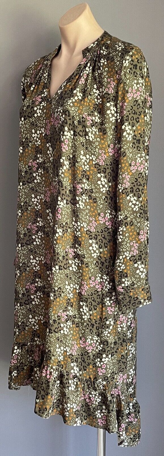 CAROLINA Hi-Lo Hem Dress Khaki Multicoloured Leopard Floral Size L Long Sleeve