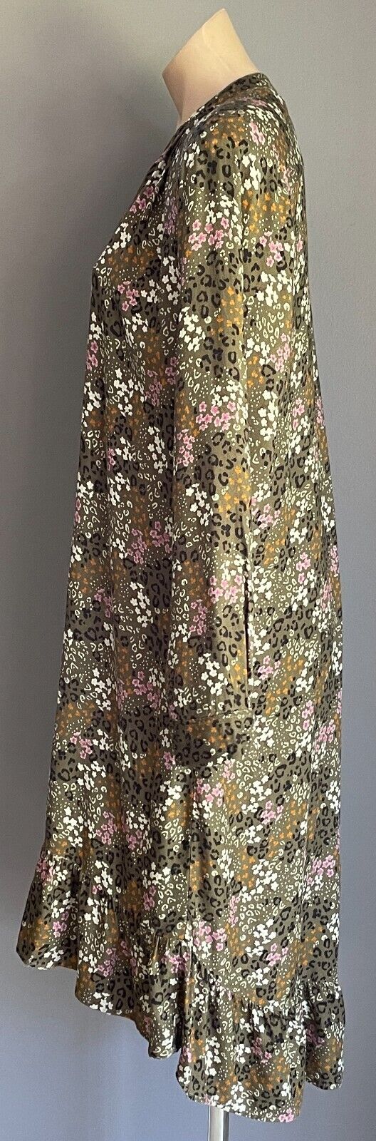 CAROLINA Hi-Lo Hem Dress Khaki Multicoloured Leopard Floral Size L Long Sleeve
