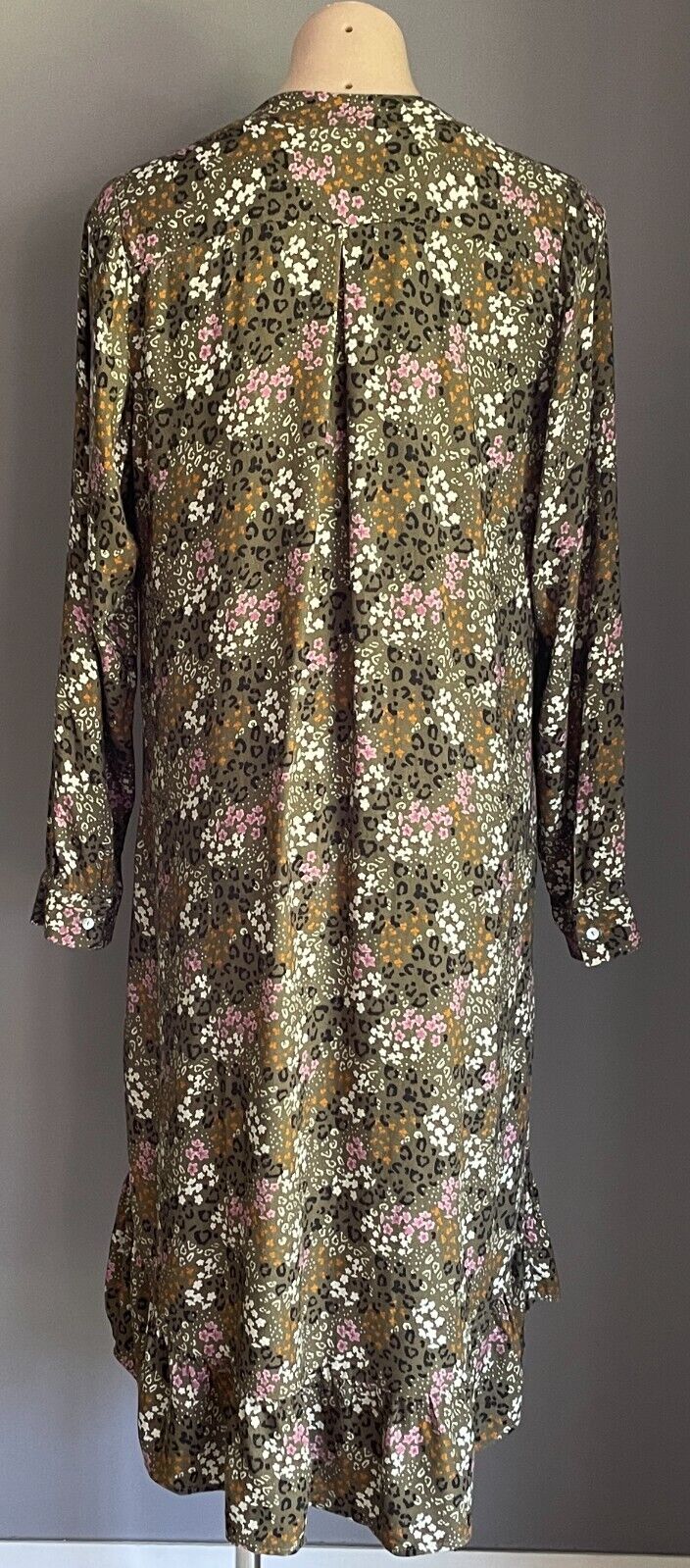 CAROLINA Hi-Lo Hem Dress Khaki Multicoloured Leopard Floral Size L Long Sleeve