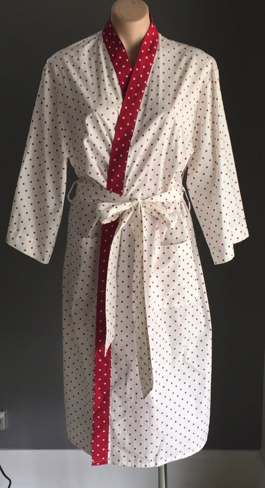 LAURA ASHLEY Dressing Gown Cotton Bath Robe White & Burgundy Polka Dot Size M 12