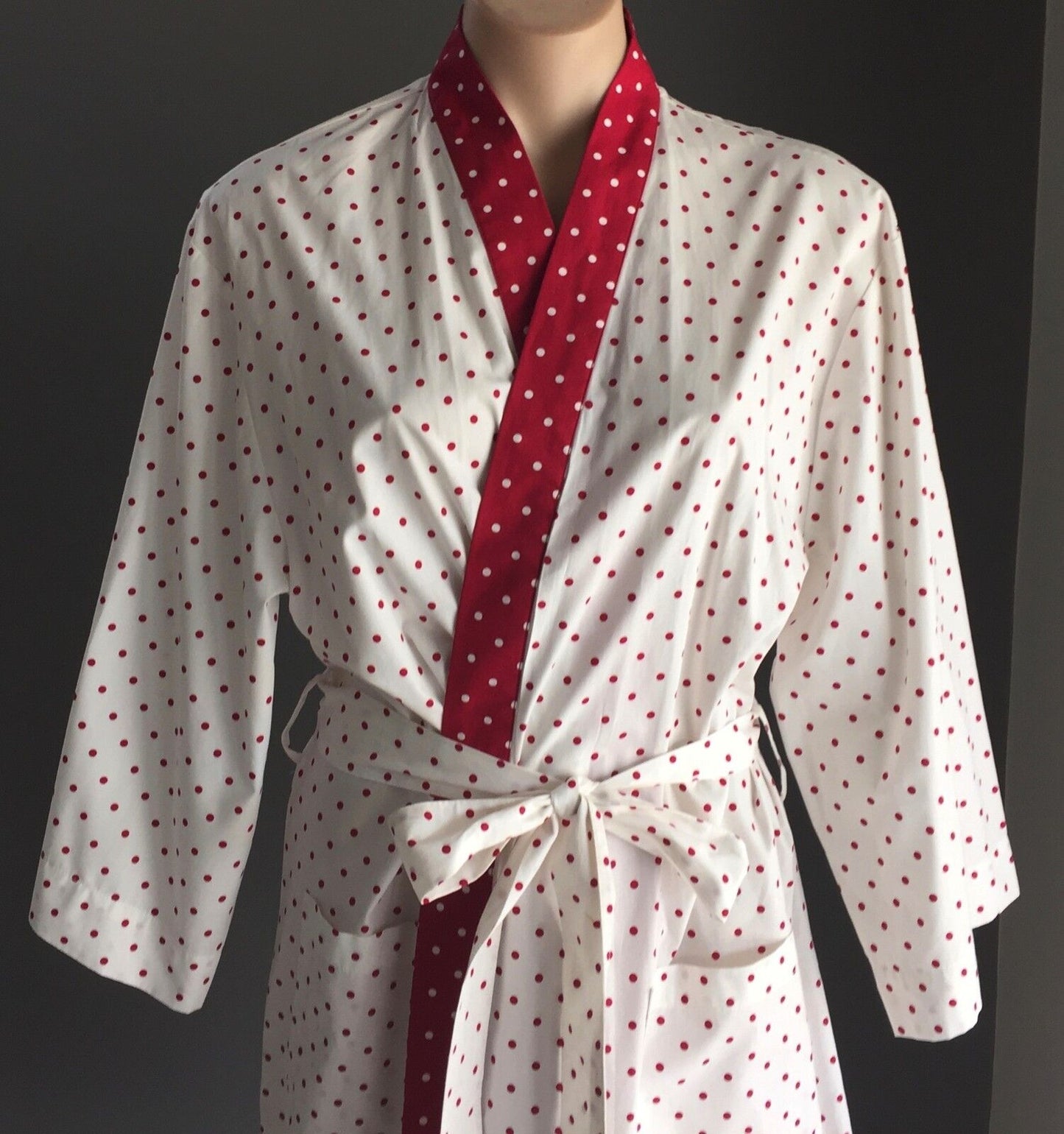 LAURA ASHLEY Dressing Gown Cotton Bath Robe White & Burgundy Polka Dot Size M 12
