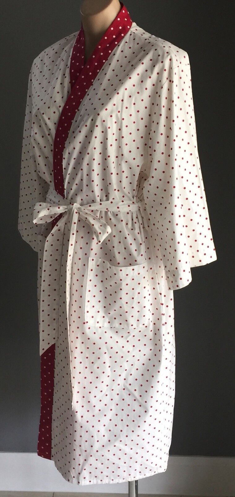 LAURA ASHLEY Dressing Gown Cotton Bath Robe White & Burgundy Polka Dot Size M 12