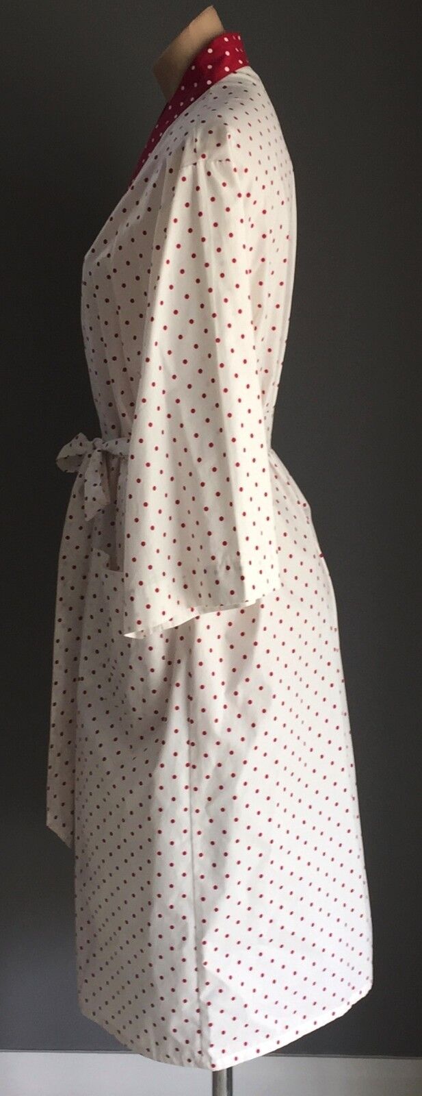 LAURA ASHLEY Dressing Gown Cotton Bath Robe White & Burgundy Polka Dot Size M 12