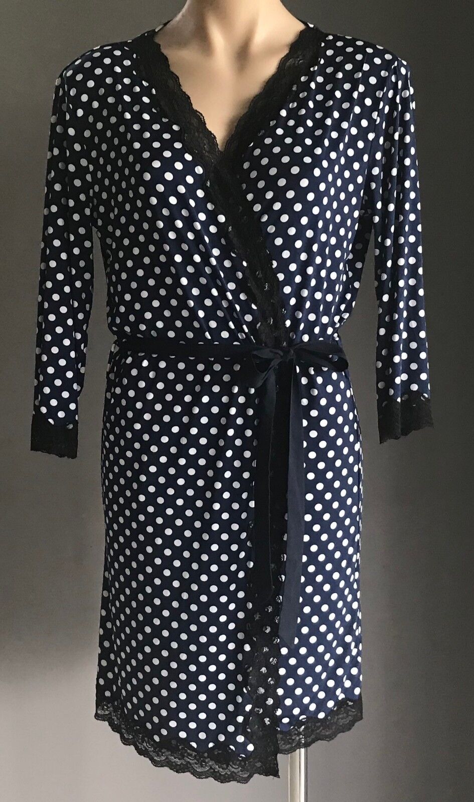 PETER ALEXANDER Bath Robe Size XS 10 Navy & White Polka Dot 3/4 Sleeve PJs Sleep