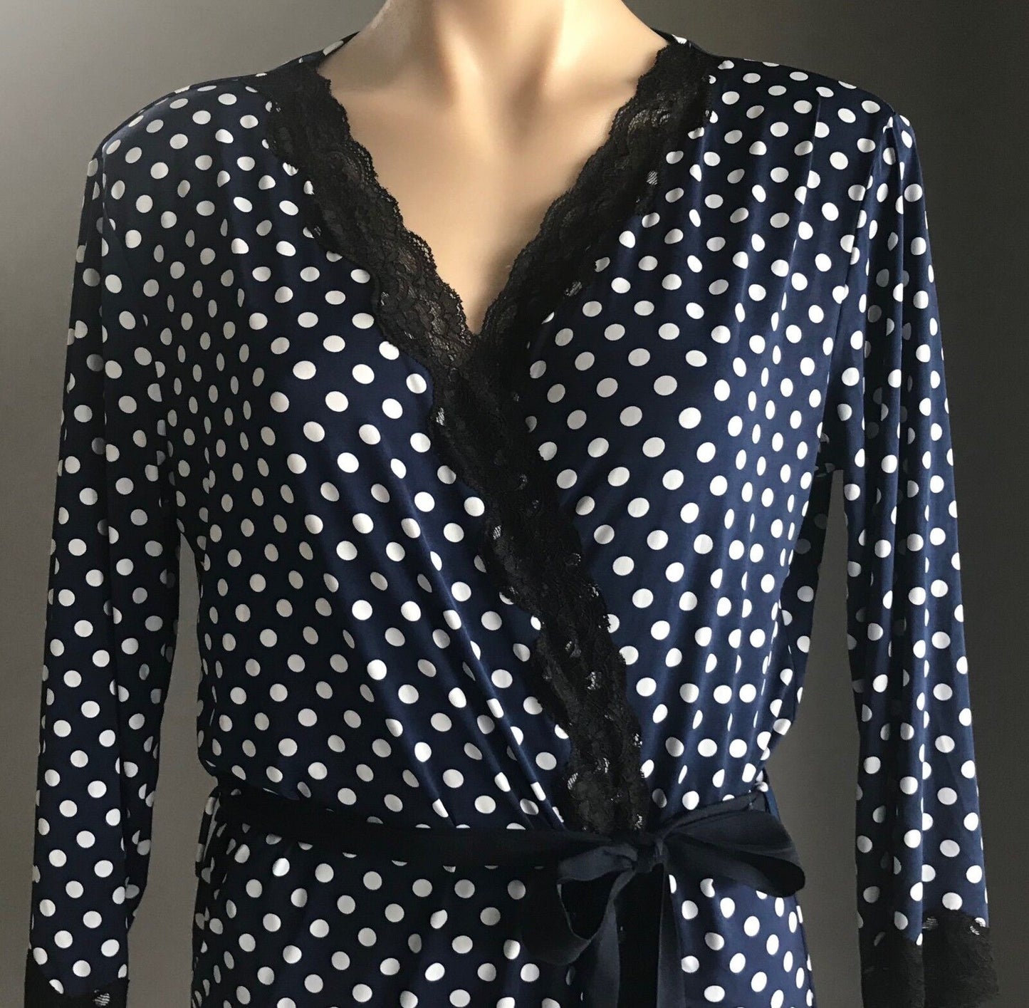 PETER ALEXANDER Bath Robe Size XS 10 Navy & White Polka Dot 3/4 Sleeve PJs Sleep