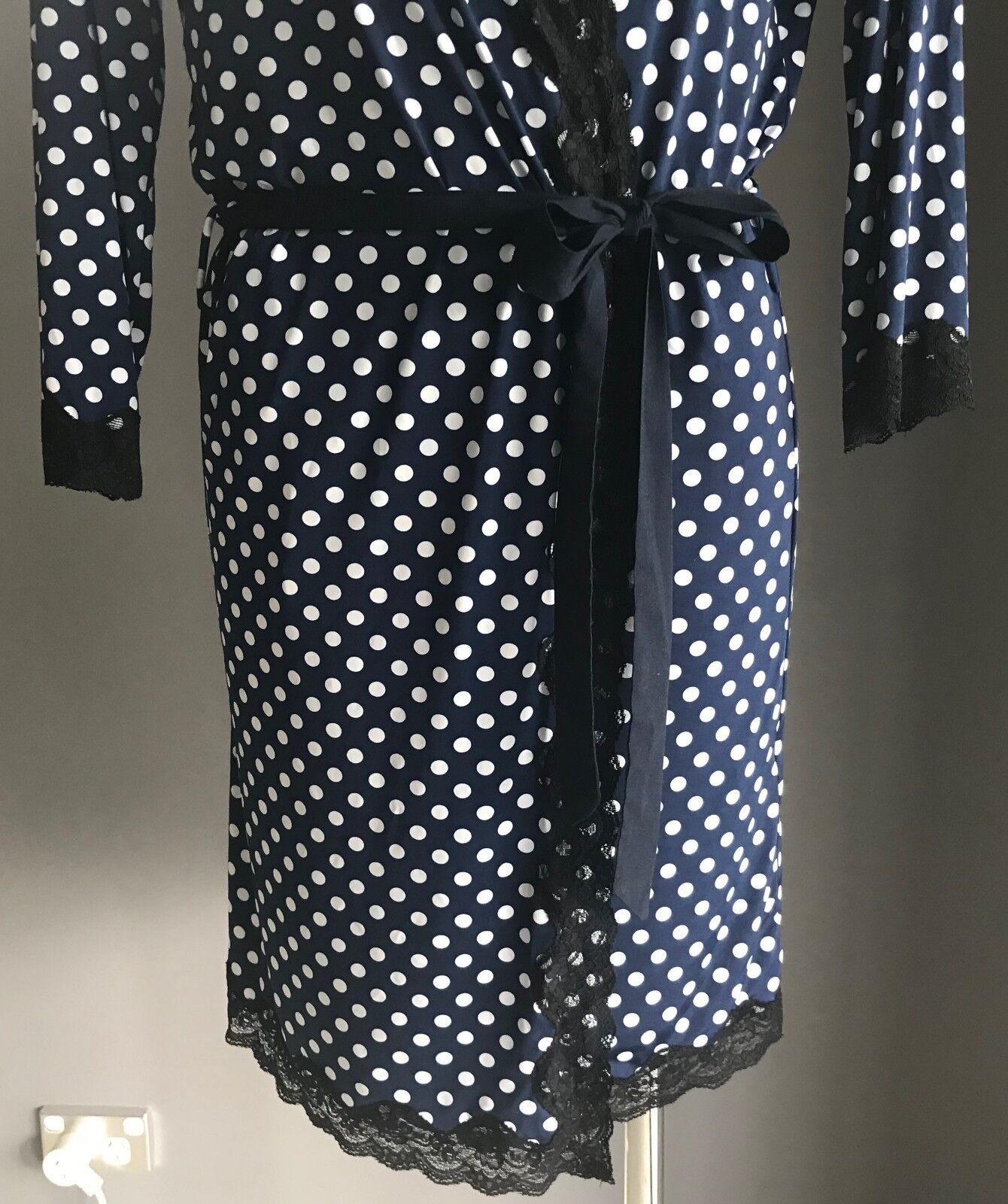 PETER ALEXANDER Bath Robe Size XS 10 Navy & White Polka Dot 3/4 Sleeve PJs Sleep