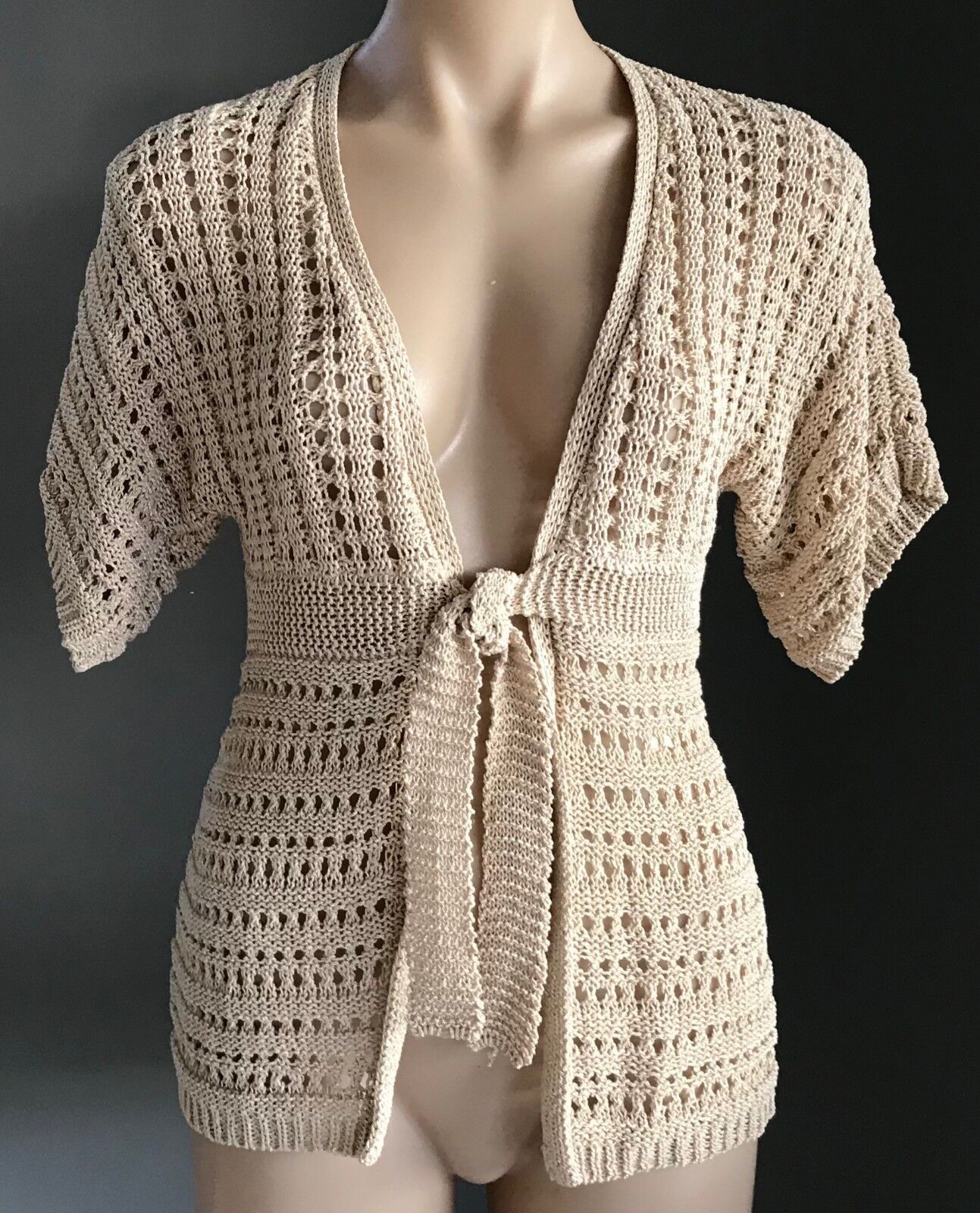 ANN TAYLOR LOFT Crochet Top Knit Cardigan Beige w Sheen Tie Front Size S 10 12