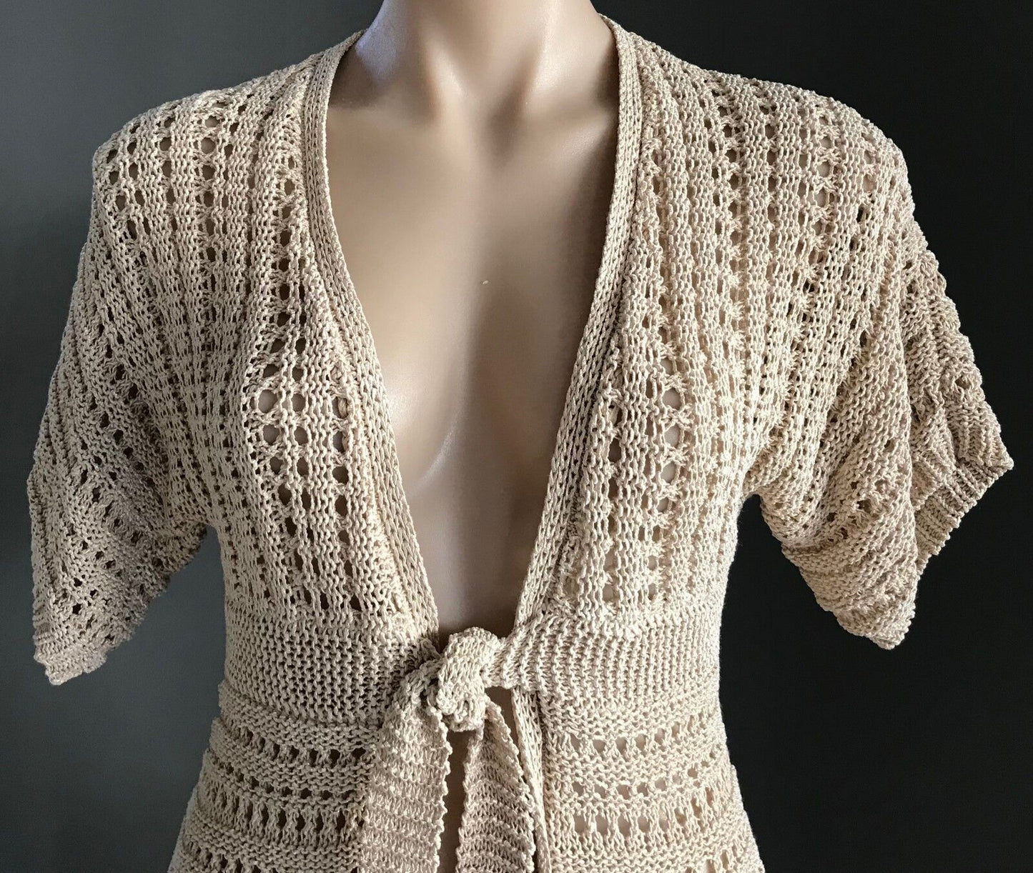 ANN TAYLOR LOFT Crochet Top Knit Cardigan Beige w Sheen Tie Front Size S 10 12