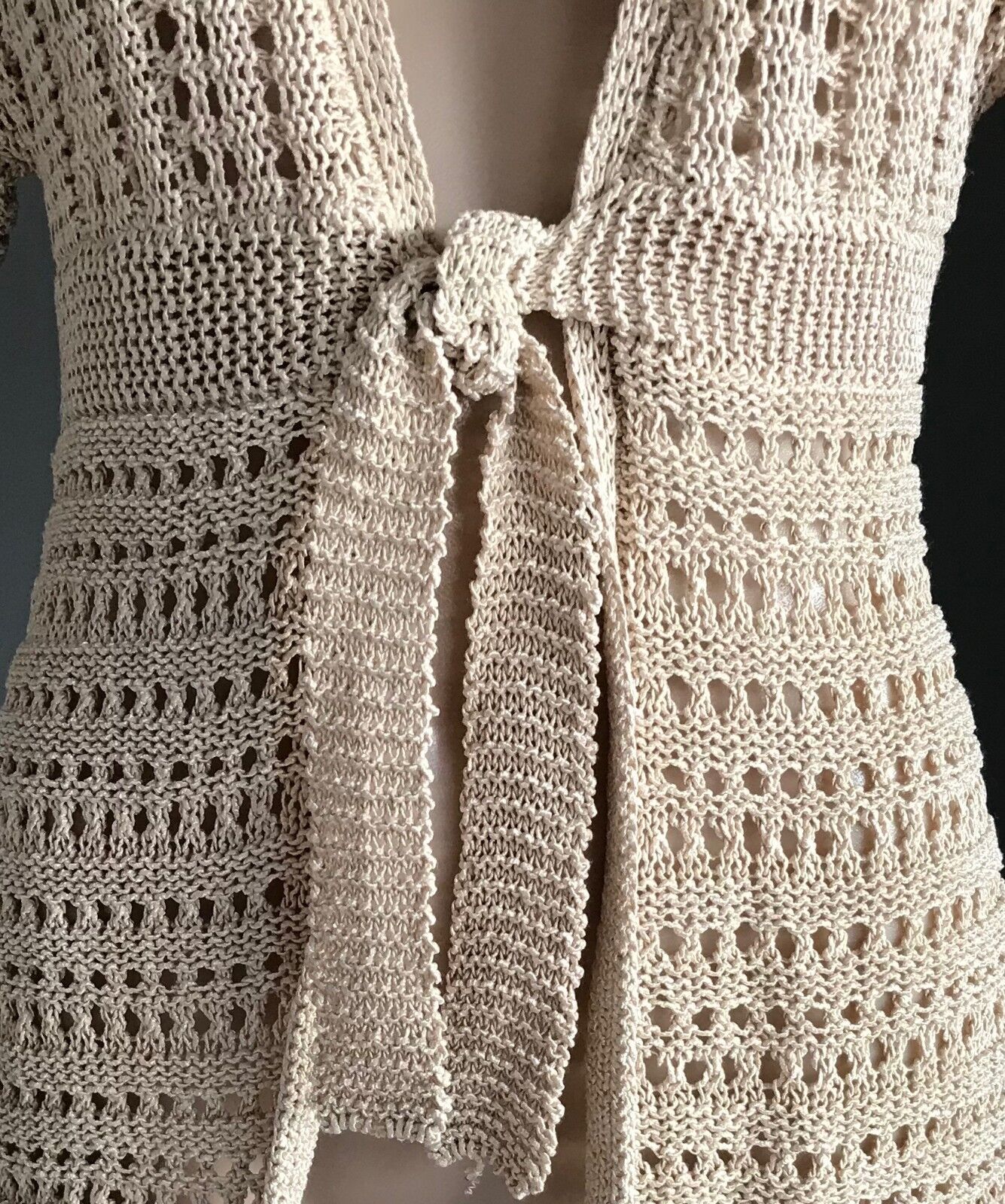 ANN TAYLOR LOFT Crochet Top Knit Cardigan Beige w Sheen Tie Front Size S 10 12