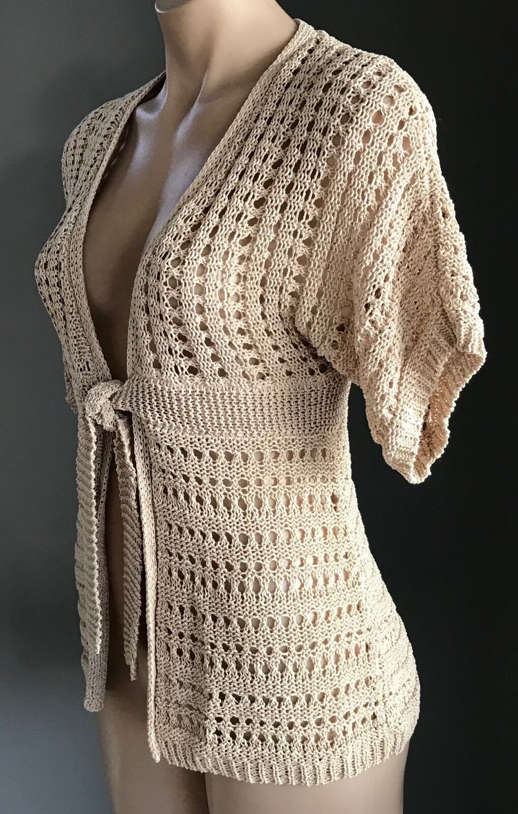 ANN TAYLOR LOFT Crochet Top Knit Cardigan Beige w Sheen Tie Front Size S 10 12
