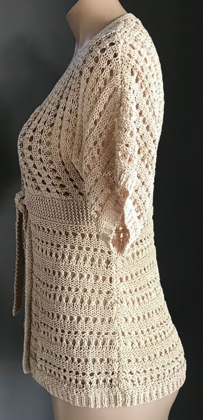 ANN TAYLOR LOFT Crochet Top Knit Cardigan Beige w Sheen Tie Front Size S 10 12