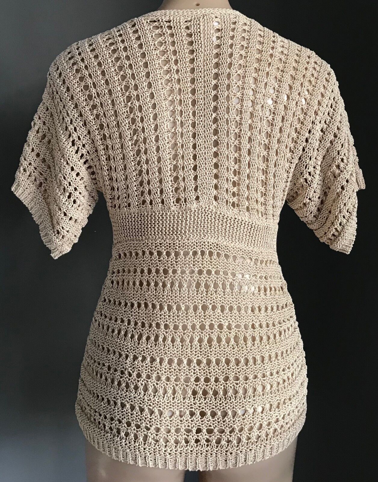 ANN TAYLOR LOFT Crochet Top Knit Cardigan Beige w Sheen Tie Front Size S 10 12