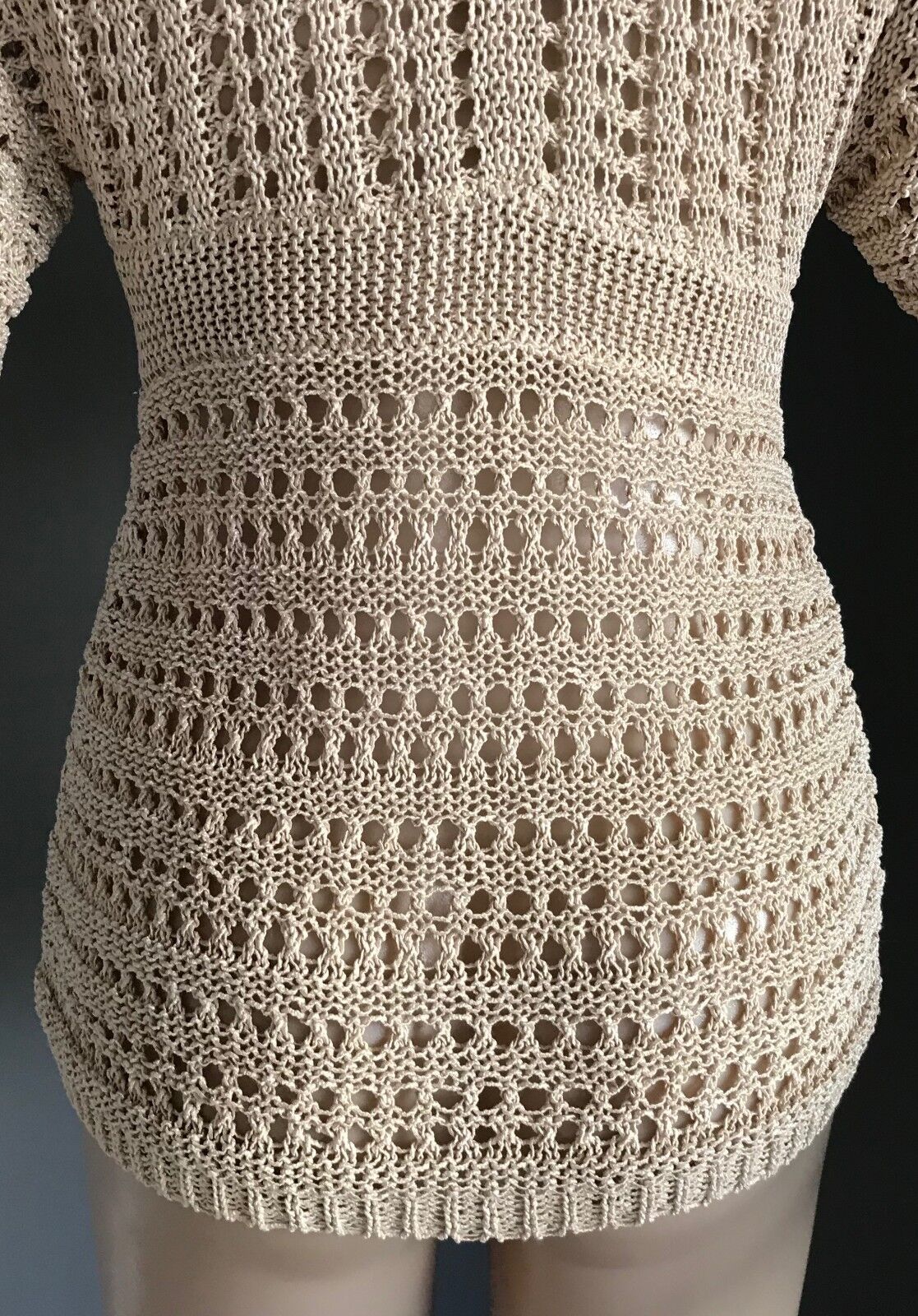 ANN TAYLOR LOFT Crochet Top Knit Cardigan Beige w Sheen Tie Front Size S 10 12