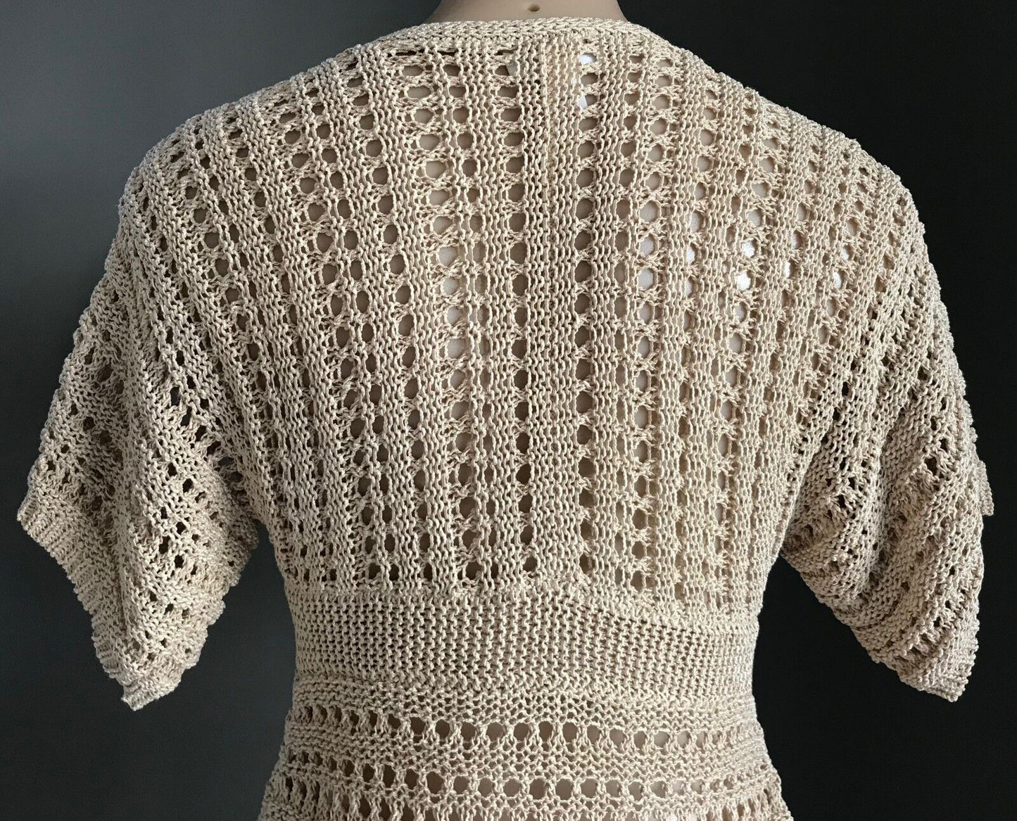 ANN TAYLOR LOFT Crochet Top Knit Cardigan Beige w Sheen Tie Front Size S 10 12