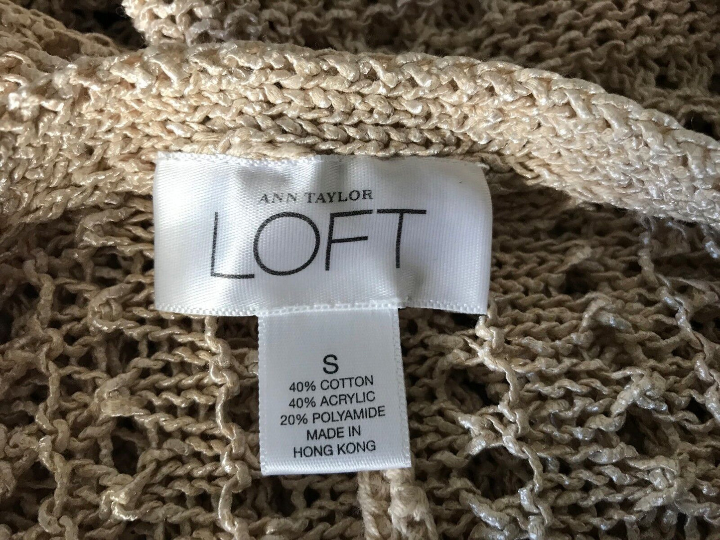 ANN TAYLOR LOFT Crochet Top Knit Cardigan Beige w Sheen Tie Front Size S 10 12