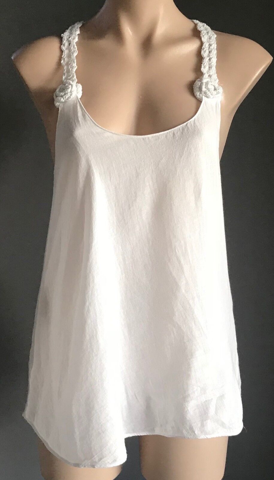 Camisole Top w Crochet Straps & Racer White Cotton Back Size 10 - Retro