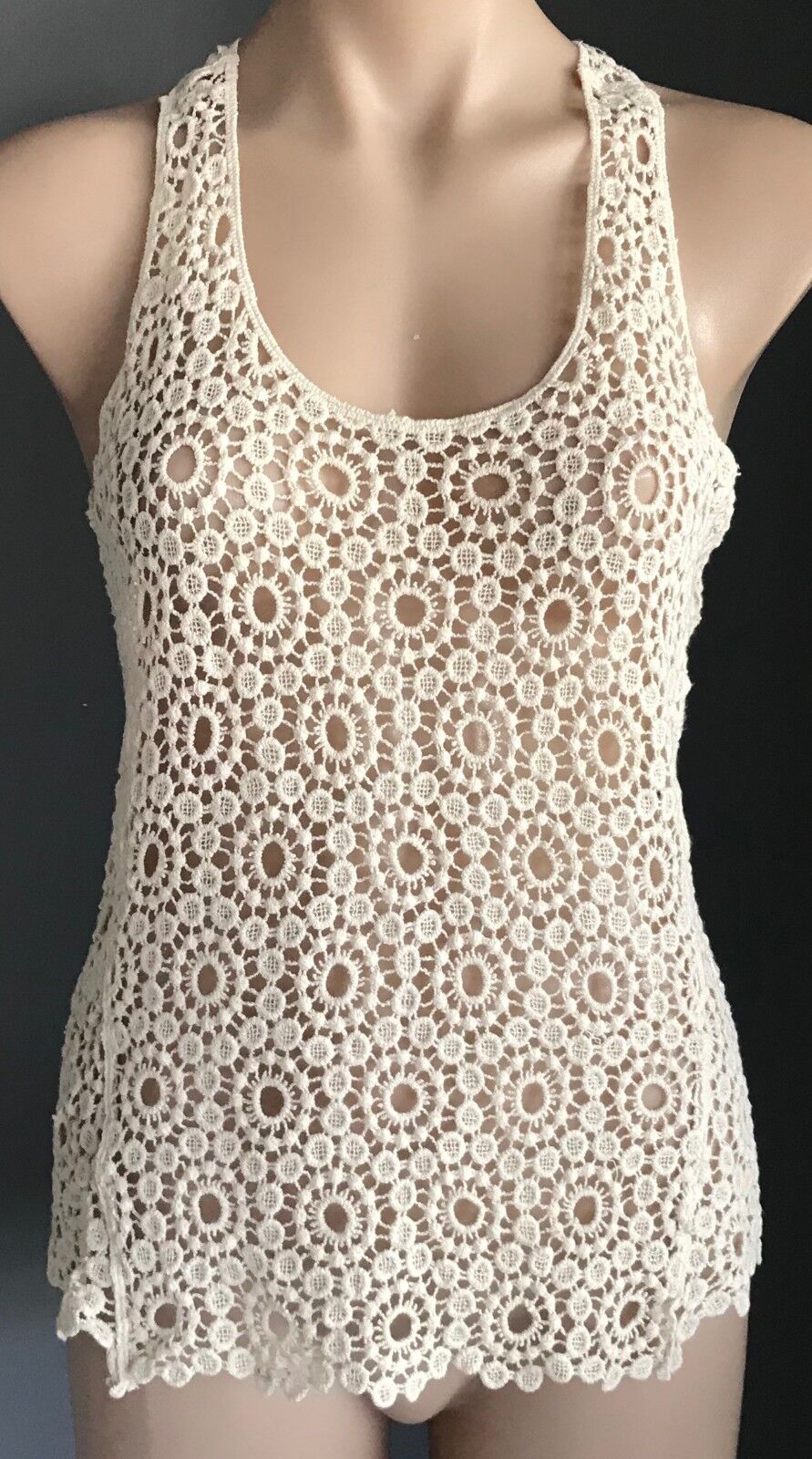 BEAUTE FASHION Top Cream Floral Lace Sleeveless Racer Back Size M L 10 12 NEW