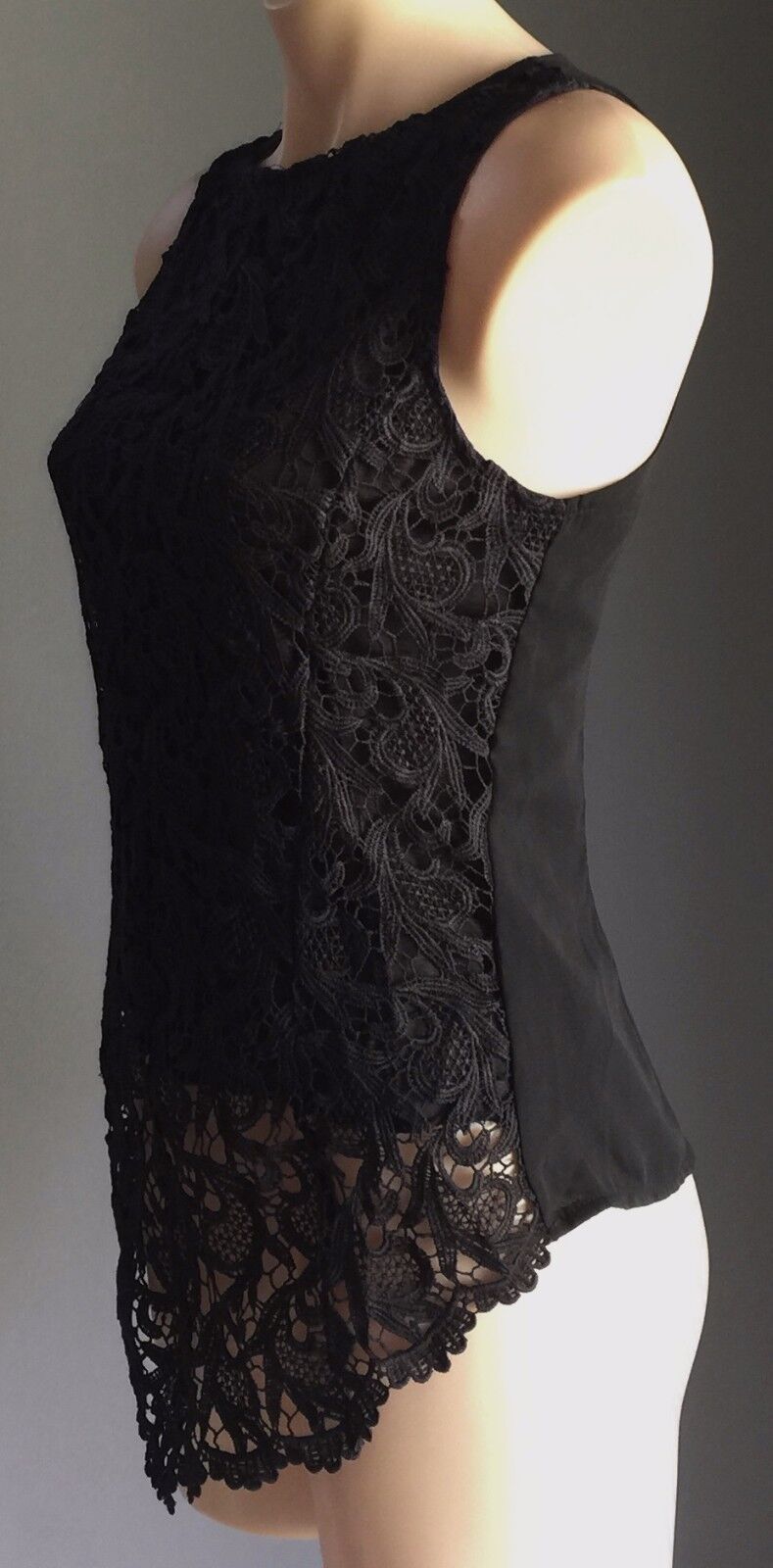 HUACHU Top Black Lace Sleeveless Asymmetric Hem Lined Camisole Size S 10 NEW