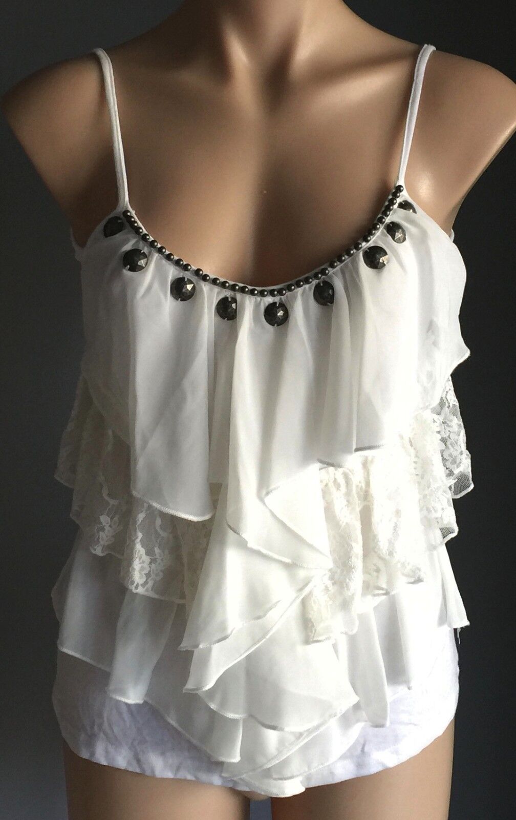 Stretch White Cami Top w Lace & Sheer Fabric Frill & Metal Beading Size 10 12