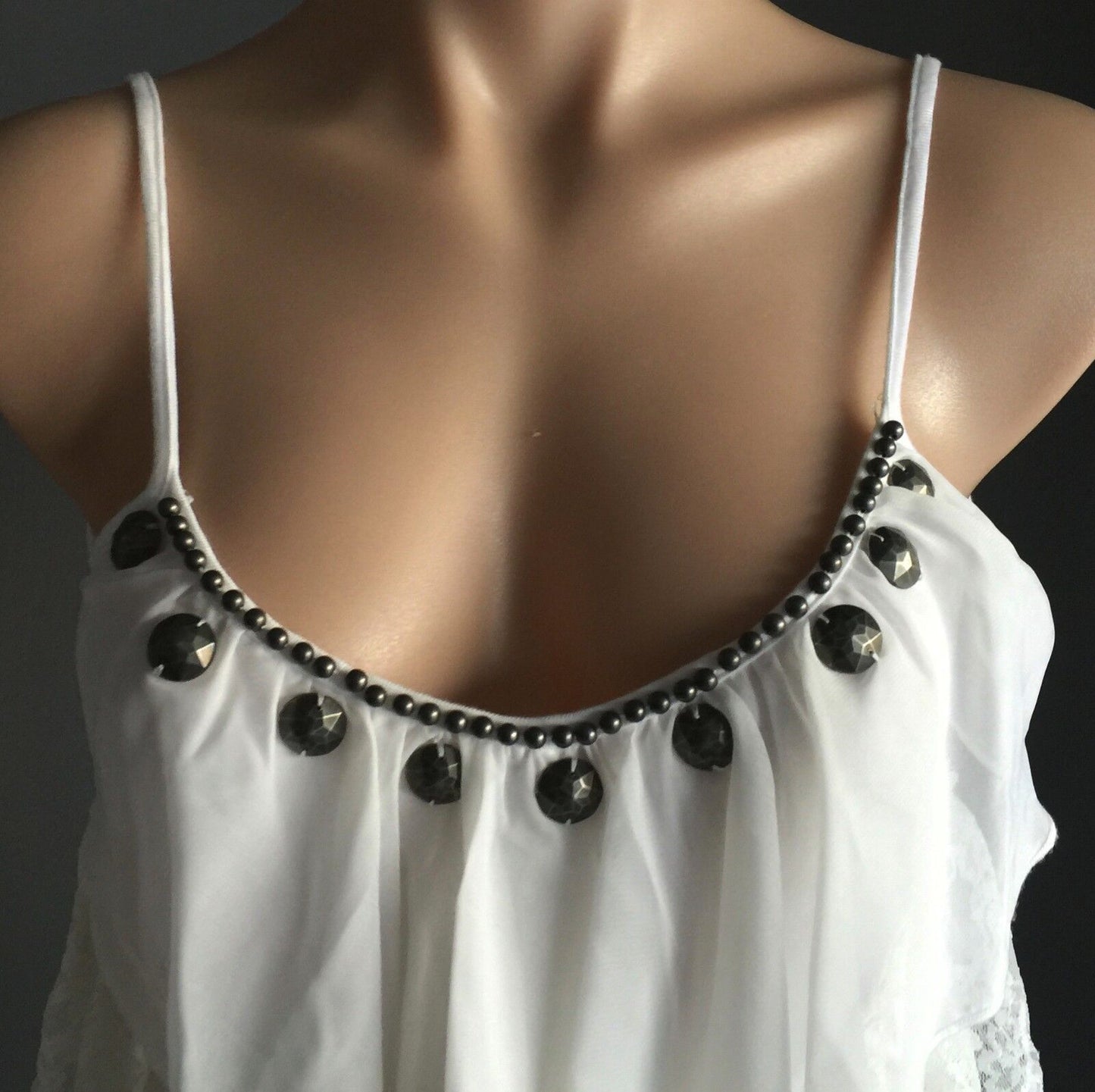 Stretch White Cami Top w Lace & Sheer Fabric Frill & Metal Beading Size 10 12