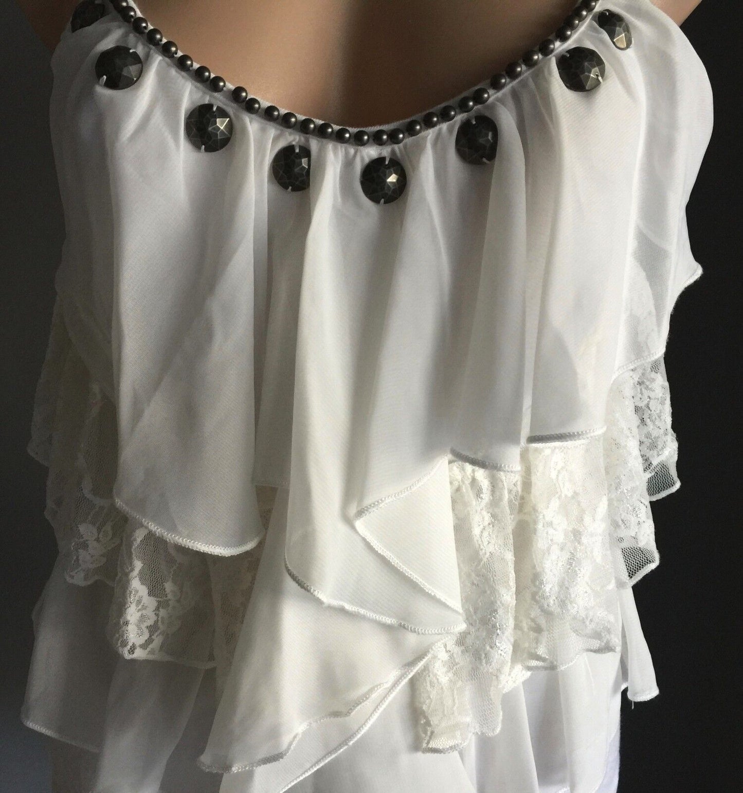 Stretch White Cami Top w Lace & Sheer Fabric Frill & Metal Beading Size 10 12
