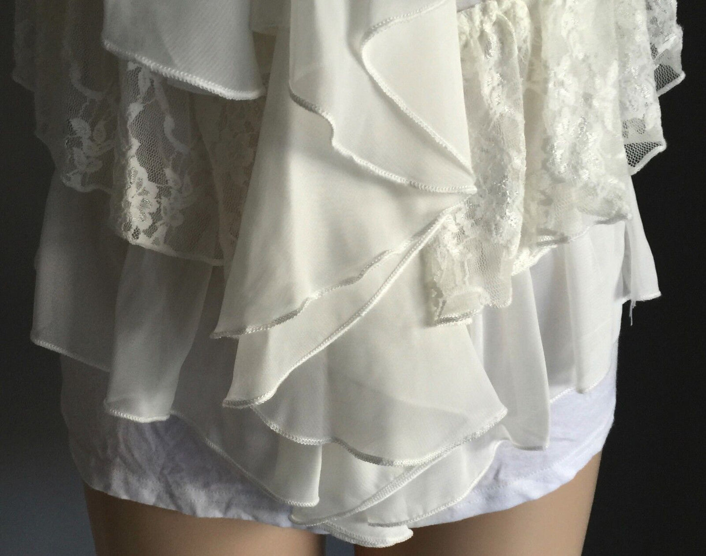 Stretch White Cami Top w Lace & Sheer Fabric Frill & Metal Beading Size 10 12