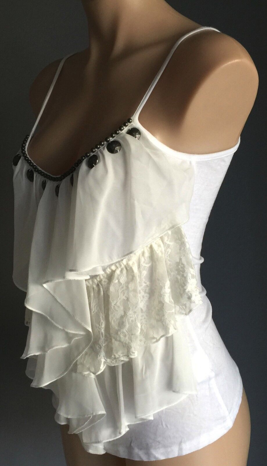 Stretch White Cami Top w Lace & Sheer Fabric Frill & Metal Beading Size 10 12