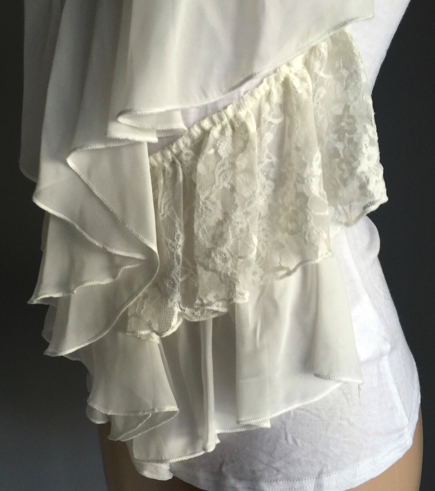 Stretch White Cami Top w Lace & Sheer Fabric Frill & Metal Beading Size 10 12
