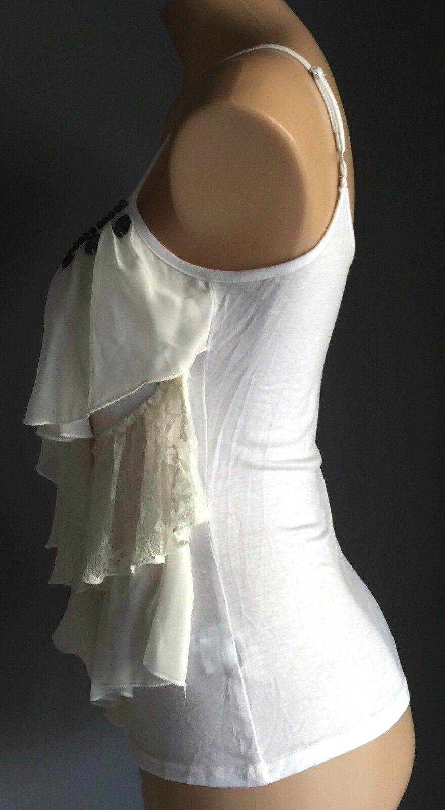 Stretch White Cami Top w Lace & Sheer Fabric Frill & Metal Beading Size 10 12