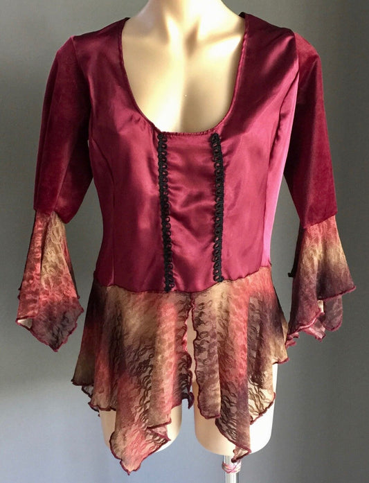 Whimsigoth Top Burgundy Maroon Satin Velour Tie Dye Lace at Sleeves Hem Size 10