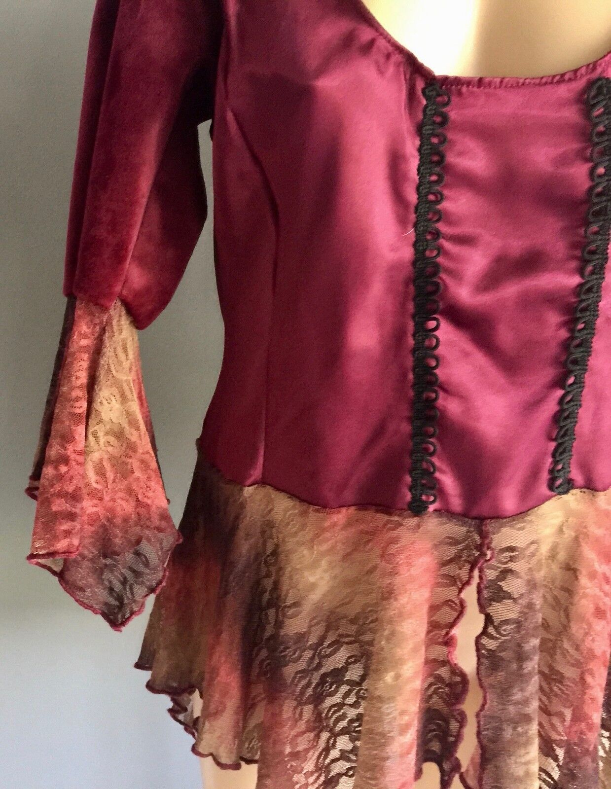 Whimsigoth Top Burgundy Maroon Satin Velour Tie Dye Lace at Sleeves Hem Size 10