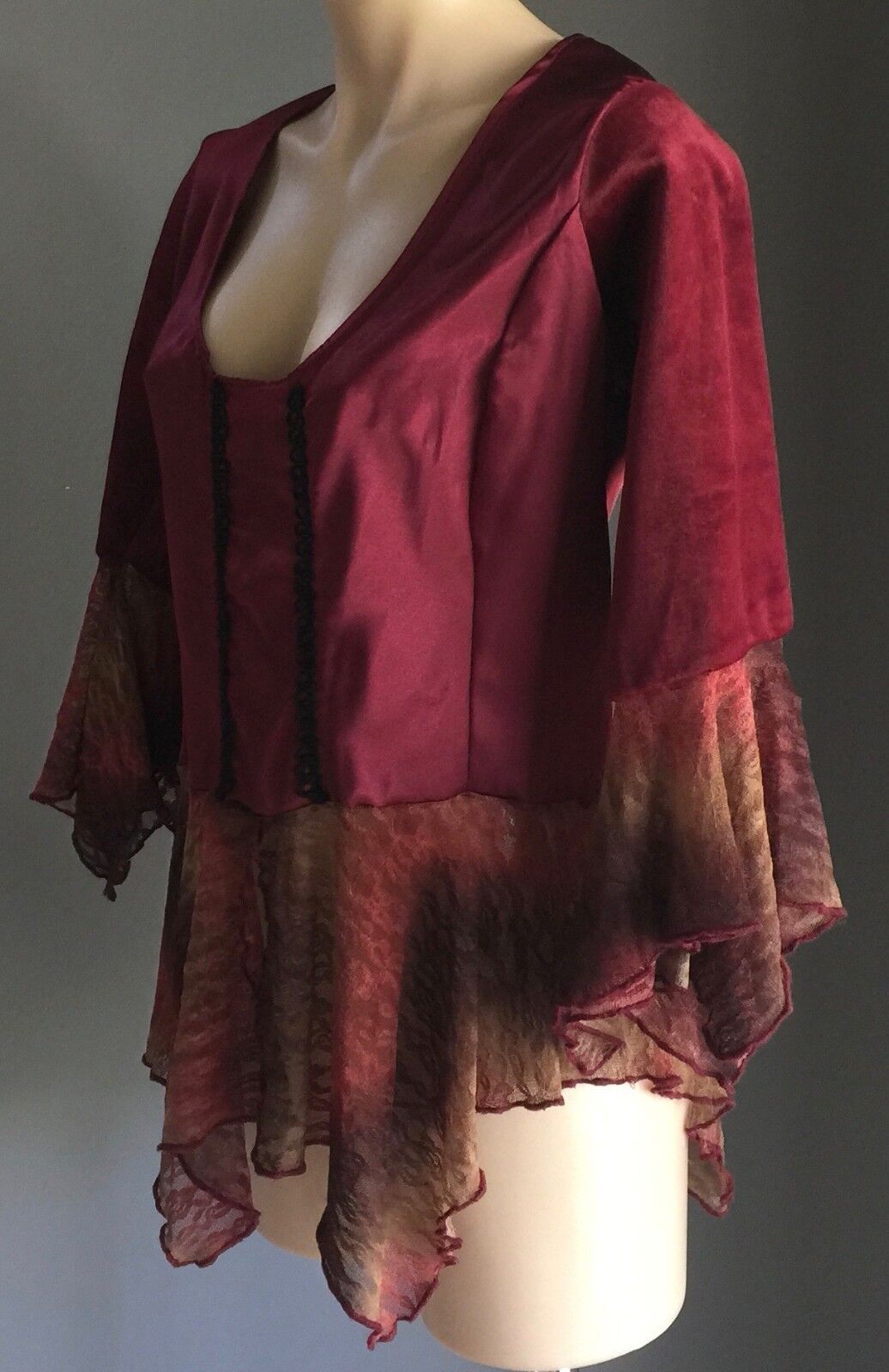 Whimsigoth Top Burgundy Maroon Satin Velour Tie Dye Lace at Sleeves Hem Size 10