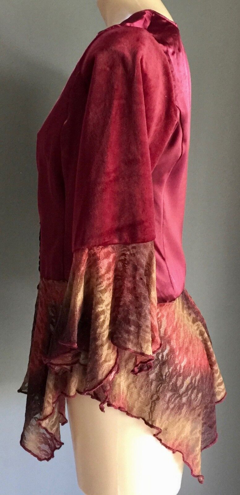 Whimsigoth Top Burgundy Maroon Satin Velour Tie Dye Lace at Sleeves Hem Size 10