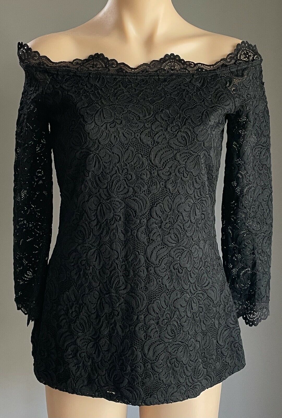 WITCHERY Top Off Shoulder Black Stretch Lace 3/4 Sleeve Ladies Size S 10
