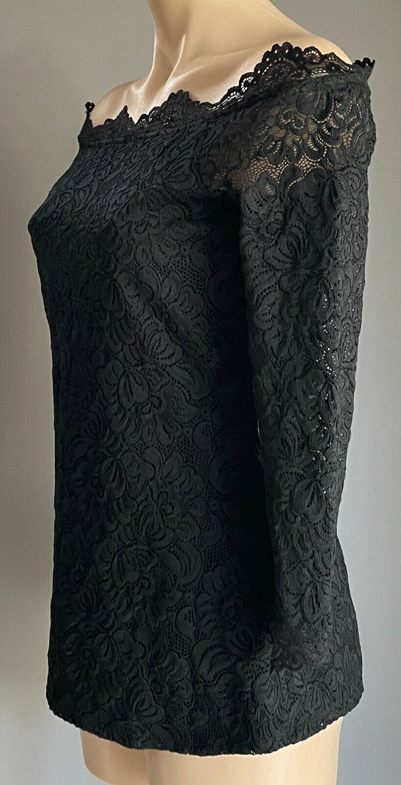 WITCHERY Top Off Shoulder Black Stretch Lace 3/4 Sleeve Ladies Size S 10